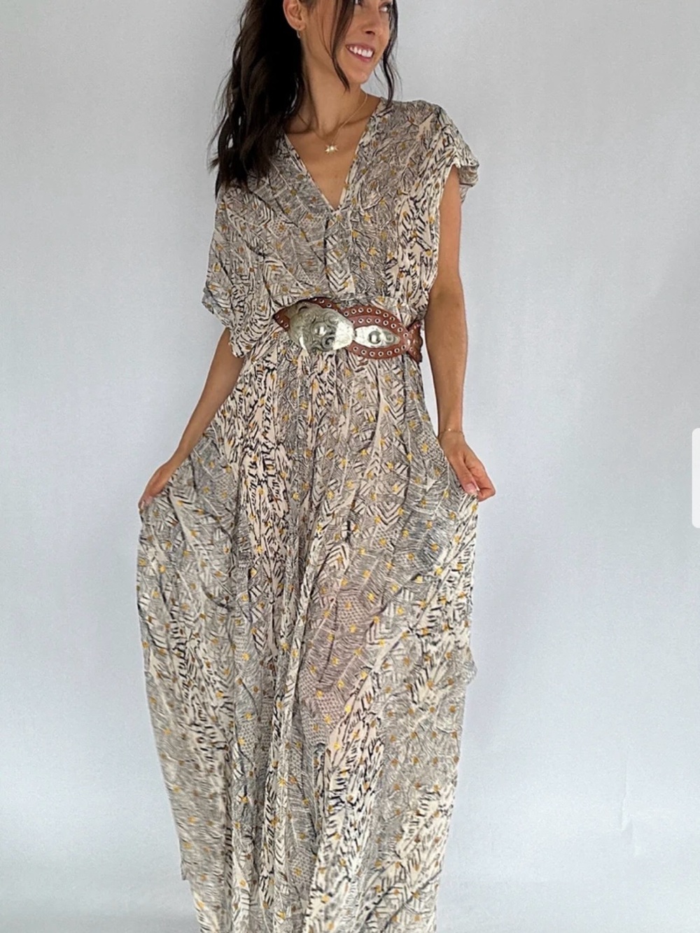 Ark & Co Beige Patterned V-Neck Maxi Dress